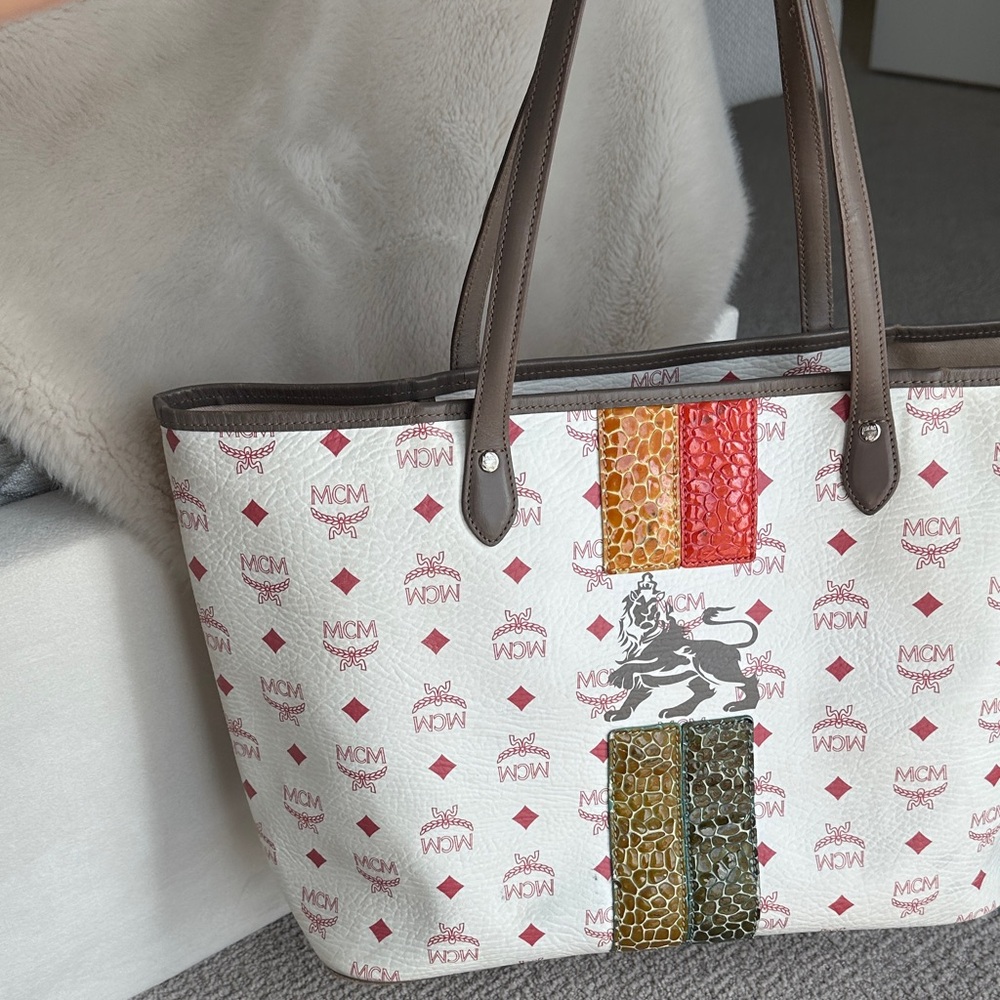 MCM White Tote with Multicolor Stripes